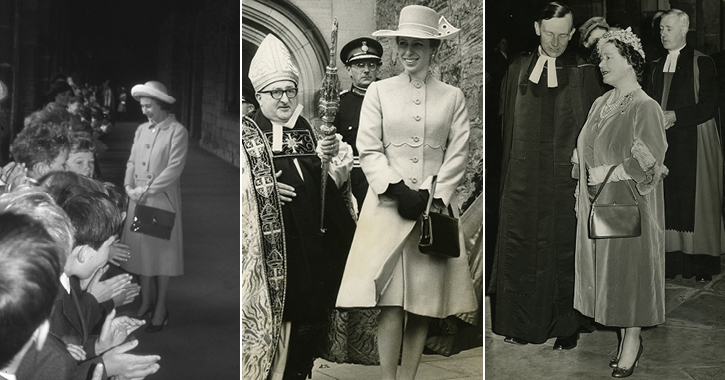 collage of images left to right, Queen Elizabeth, Princess Anne and The Queen Mother visiting Durham Cathedral at different times throughout the years. 